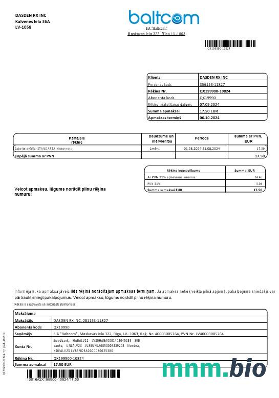 Łotwa Baltcom Telekomunikacja rachunek za usługi komunalne szablon w formacie Word i PDF (Wersja Łotewska)